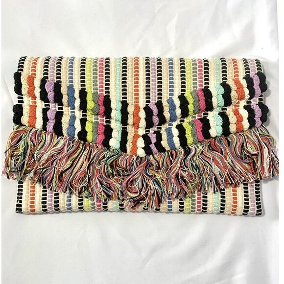 STELLA & DOT Taj Clutch Boho Fringe Striped Purse 13” X 8” Rag Rug Style - Picture 1 of 10